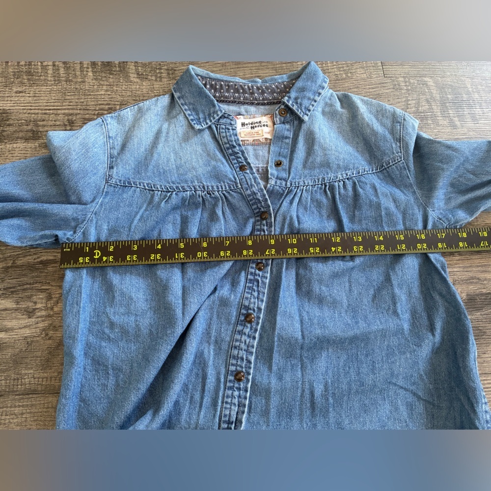 Anthropologie Holding Horses Top XXSP Embroidered Pearl Snap Denim Shirt Crane - Picture 8 of 9